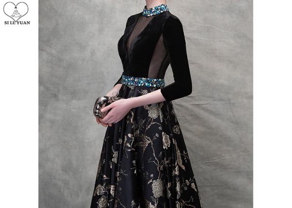 Birds Pattern Black Long Sleeve Ball Gown Blue Diamonds Beaded Back Hollow