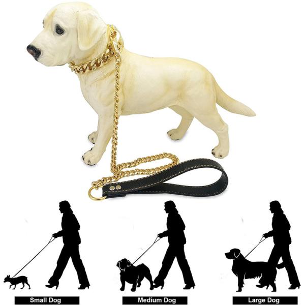 цепь собаки нержавеющей стали золота 15mm сверхмощная водит идя ручку тракции тренировки собаки черную кожаную