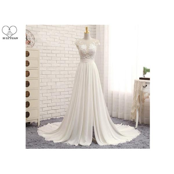 High Slit A Line Bridal Gowns / Cream Colour Wedding Gown Open Back Pleated Tail
