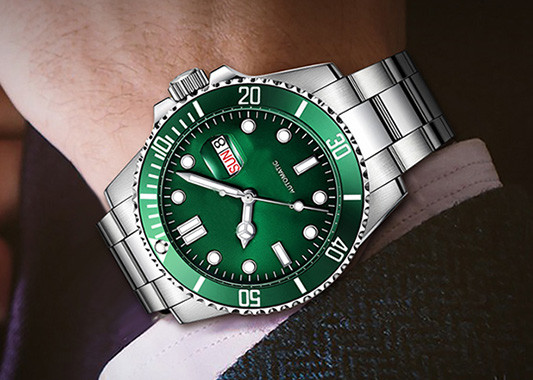 Classic Automatic Bracelet Watch , Green Dial Mens Stainless Steel Watches