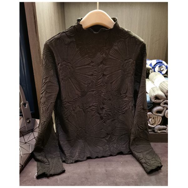 Japanese Pleated Stand Collar Long Sleeve T-shirt Top Printed Pleated Embodying Pleated Process Makes Flower Fashionable