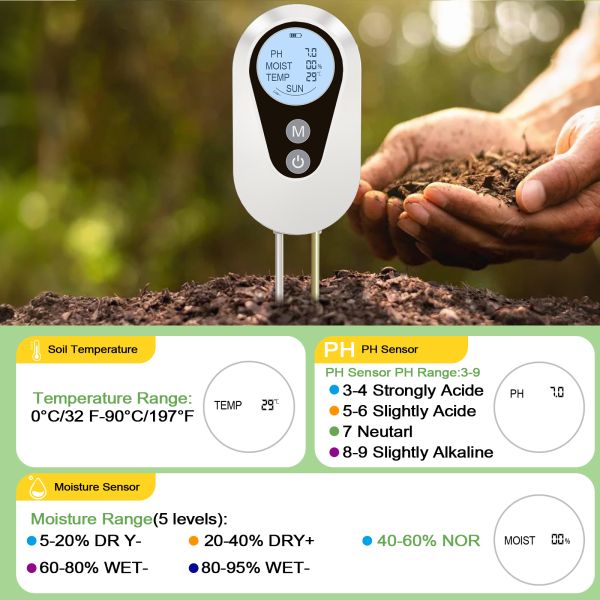 Digital 4-in-1 Soil PH Moisture Temperature Sunlight Tester With Backlit LCD For Garden Agriculture