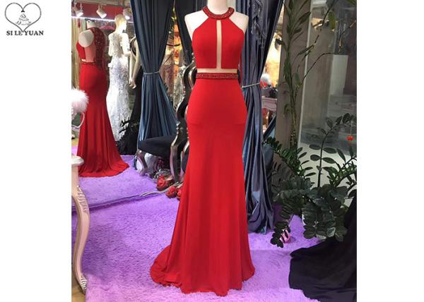 Hanging Neck Red Mermaid Formal Dress Top Heavy Beading Open Back Stretch Fabric