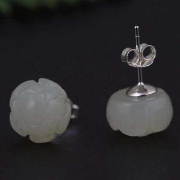 Sterling Silver 925 Natural Jade Engraved Flowers Stud Earring (TRS30897)