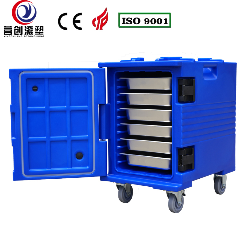 YINGCHUANG ROTOMOLDING OEM 90L Blue Handle Type Rotomolded Insulated Box With Casters, Thick PU Foam Hot & Cold Holding GN Pan Food Transport Cabinet For Central Kitchen Catering Canteen