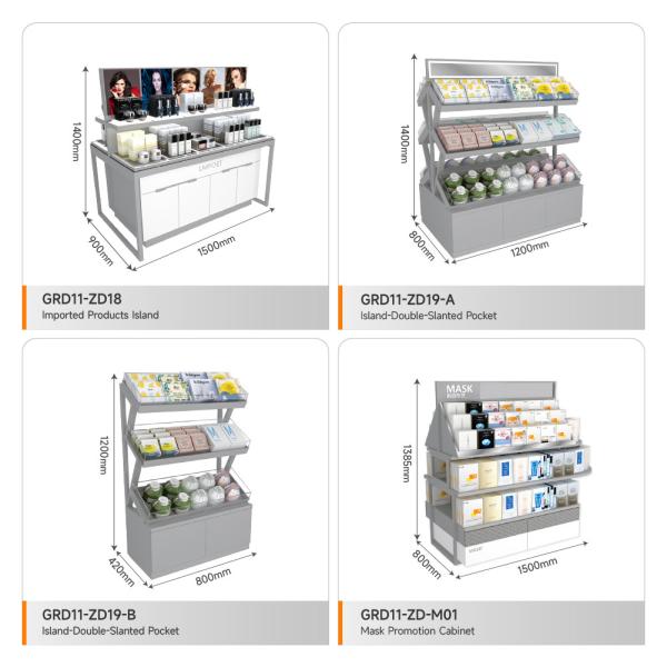 Retail Store Stand Grey Wooden Island Cabinet For Space-Saving Shop Table And Branding Shop Display