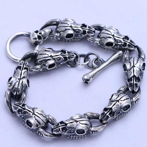 925 Sterling Silver Sheep Skull Retro Men Bangle Bracelet (XH056067W)