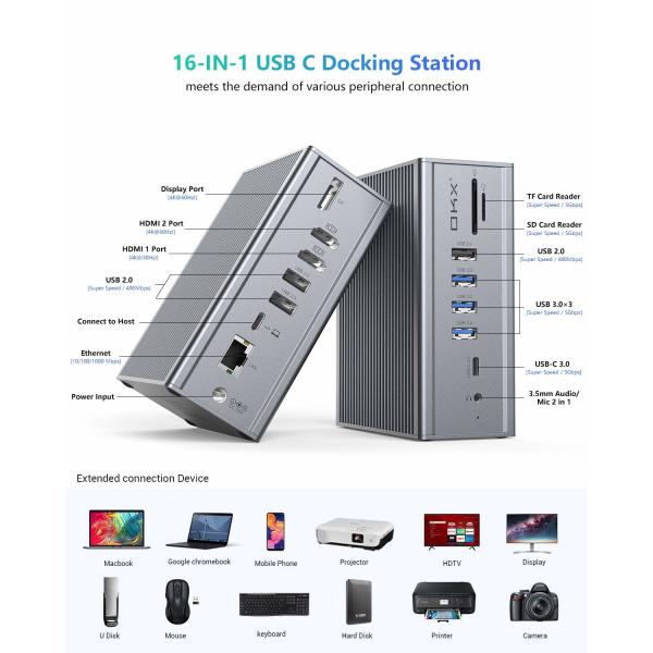 16 в 1 док-станция для ноутбука USB c адаптер серый 10 Гбит / с скорость передачи данных Порт дисплея