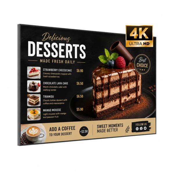 4K 55 Inch Android 14 LCD Display for Dessert Shop, Bakery & Patisserie Showcase