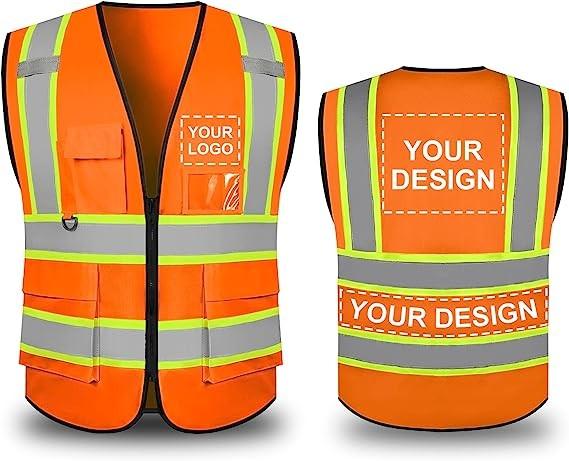 Custom Safety Vest with Logo,Custom Your Logo in High Visibility Reflective Vest Work Wear with Zipper & 5 Pocket