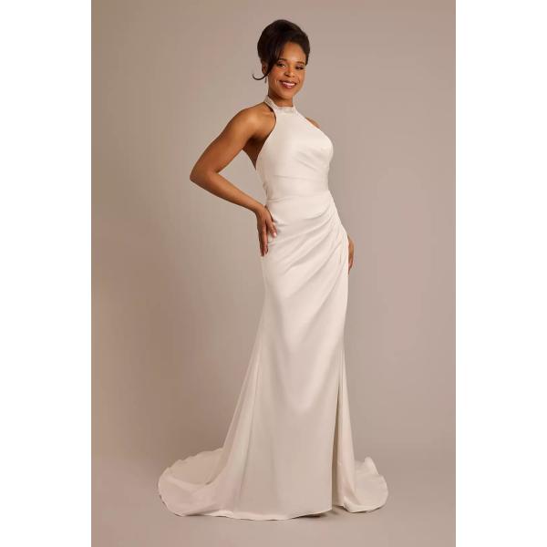 Stunning Customized Size Crystal Halter Ruffles Split Slit Sheath Chapel Train Zipper Ivory Satin Wedding Dress