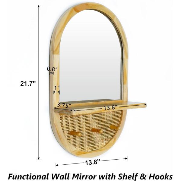Bathroom Bedroom Entryway Living Room Decorative Mirrors Wall Mirror with Shelf and Coat Hooks Wood Framed