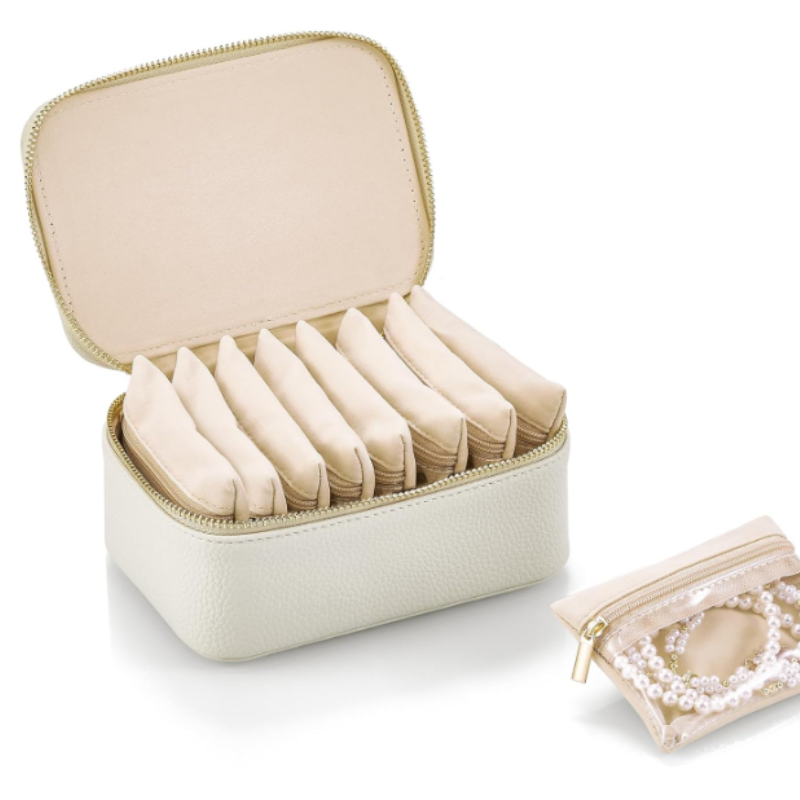 Convenient PU Leather Travel Jewelry Case With Velvet Pouch For Rings Necklaces Storage