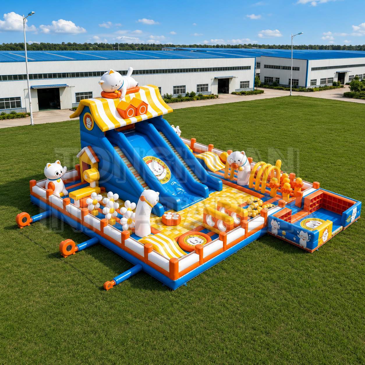 Custom Inflatable Amusement Park with Cat Theme Slide Ball Pit Challenge Course