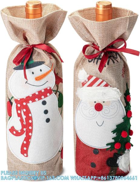 Christmas Wine Bags, Wine Bottles Gifts, Burlap Wine Drawstring Bags Holiday Burlap Wine Bags, Bottle Cover