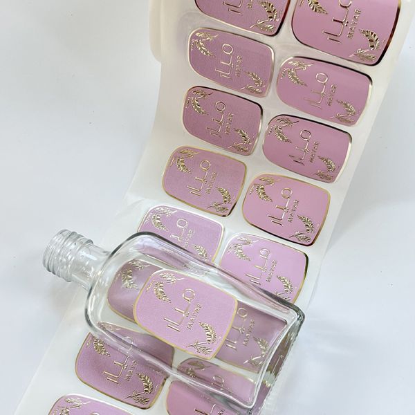 Custom Embossed Logo Gold Aluminum Stamping Pink Sticker 50ml Candle Sticker Perfume Glass Bottle Label Sticker 3d 2025
