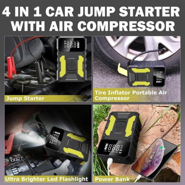 3000A 4 In 1 Portable Power Jump Starter With 150PSI Air Compressor