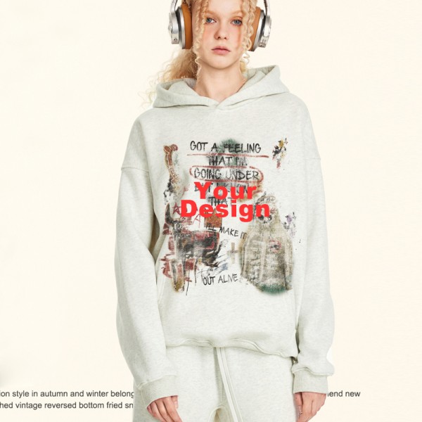 345G Heavyweight Vintage Devil Graffiti Print Oversized Hoodie American Streetwear Pullover Support Custom Logo OEM ODM