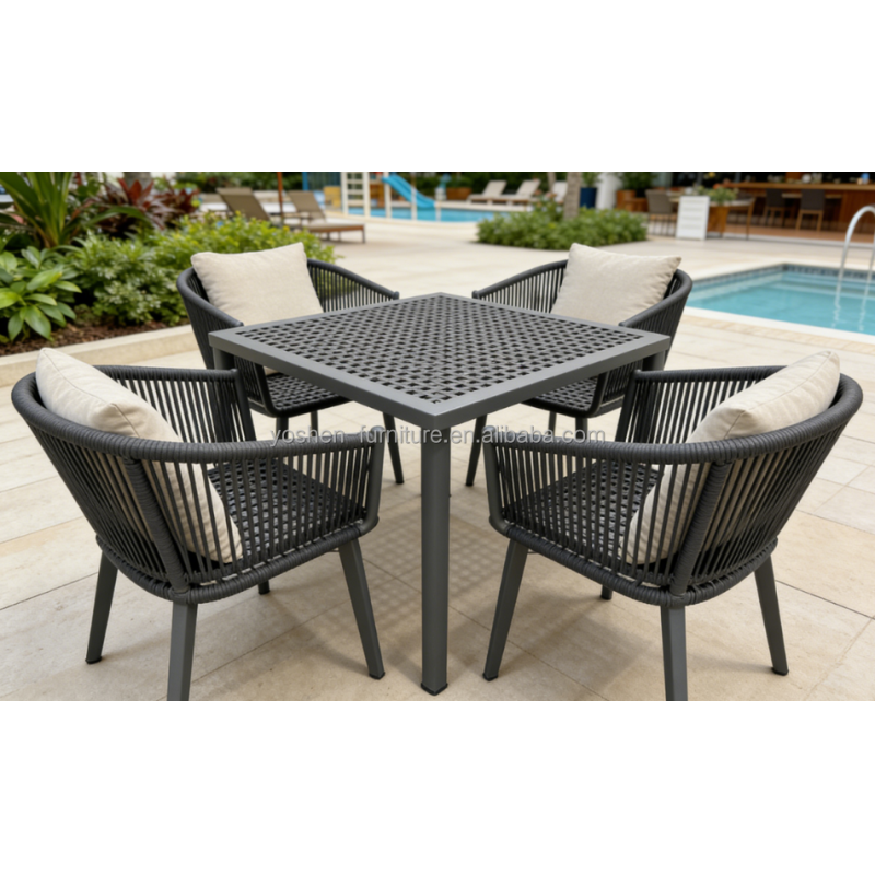 Beige Rope Woven Outdoor Dining Arm Chair with Aluminum Frame for Patio and Garden