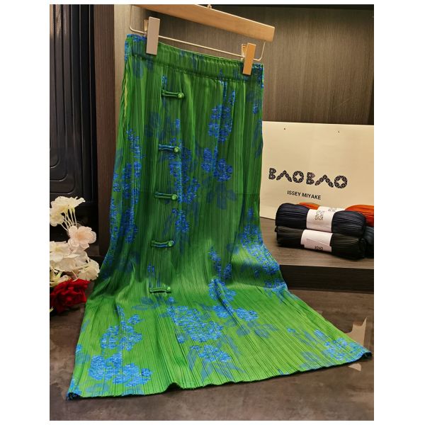 Original Design Pleated Chinese Style Disc Half Skirt 2024 Printed Pleated Skirt Wrap Slit Summer Skirt
