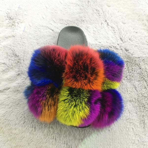 Wholesale Fluffy Slippers Multi - Color Spliced Vamp Furry Slippers For Women Real Fox Fur Slides