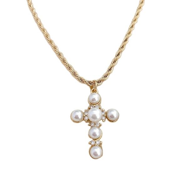 18K Gold Filled Chain Pearl Cross Charm  Necklace Jewelry