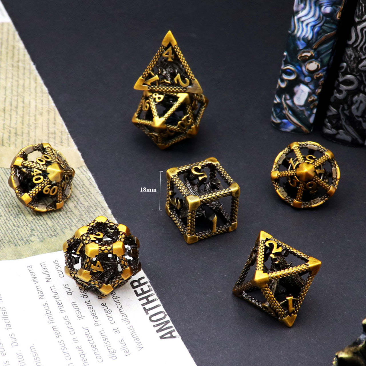 Lightweight Archaize Dice with Engraved Numbers and Antique Gold Finish for Tabletop RPGs