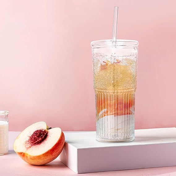 Large Capacity Cold Drink Glass Mug 600ml High Borosilicate Glass Cup With Straw Lids