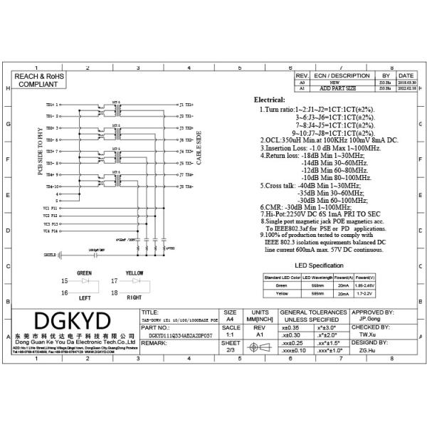 Соединитель POE сети фильтра локальных сетей гигабита DGKYD111Q334AB2A2DP057 RJ45 одиночный гаван со светлым экраном 10P8C прокладки