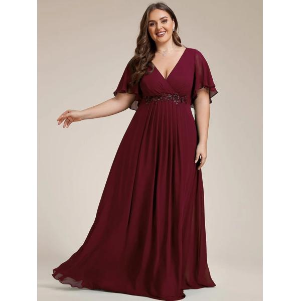 Empire Plus Size Applique Short Sleeve A-line V-neck Flutter Sleeves Invisible Zipper Navy Blue Chiffon Evening Dress
