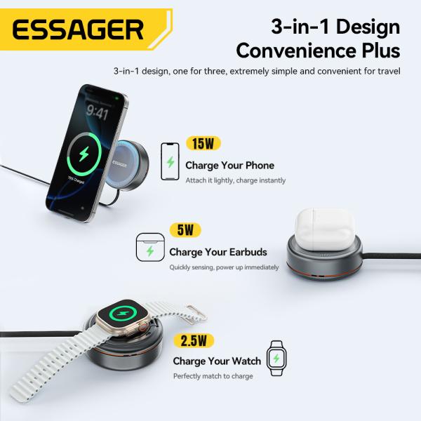 ESSAGER Z19 15W Magnetic Wireless Charger with Retractable Cable
