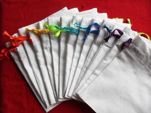 100 White Cotton bags with Rainbow color Satin Ribbon 5x7Great for Stamping Gift bag yuyuui