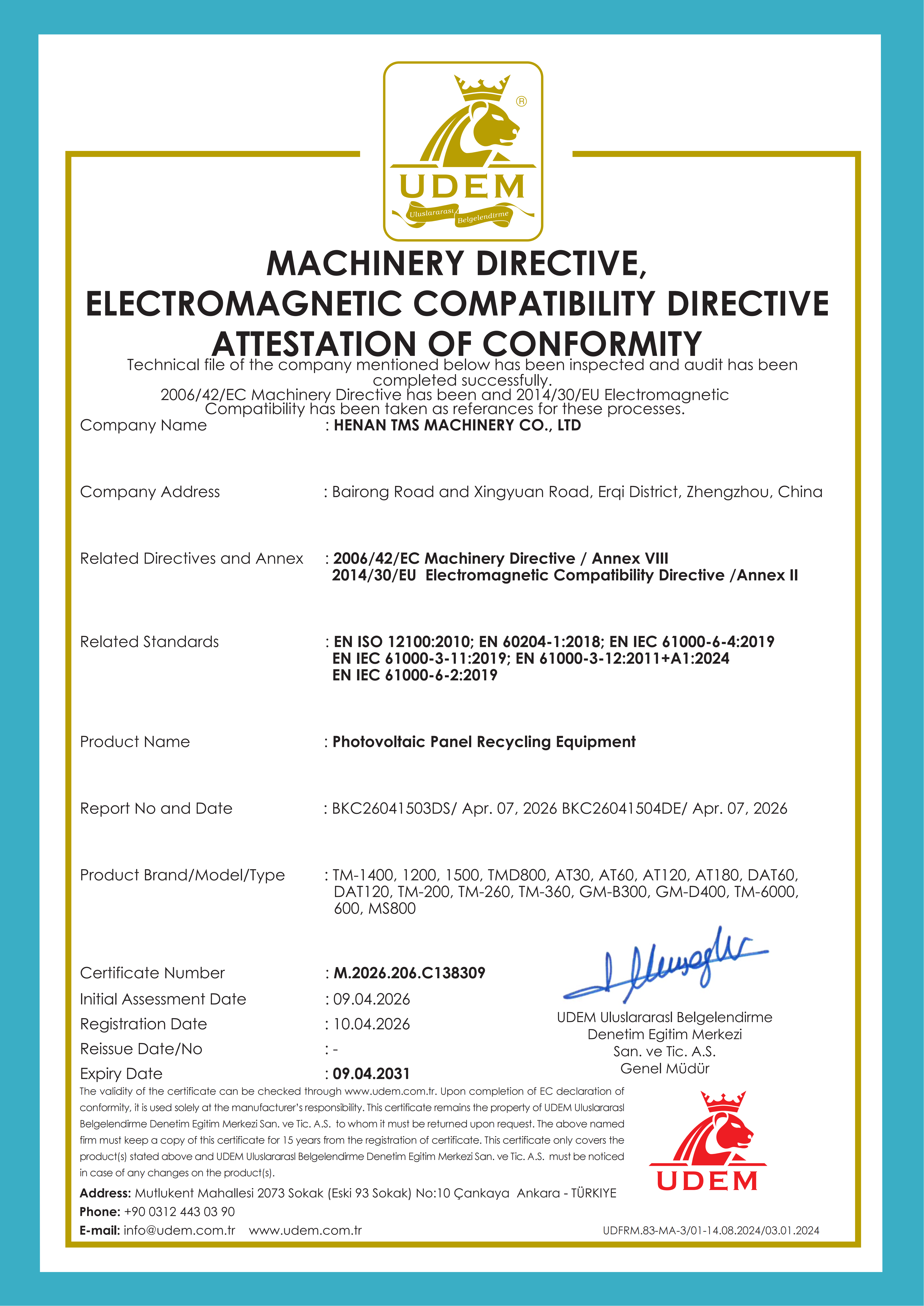 HENAN TMS MACHINERY CO., LTD Certifications