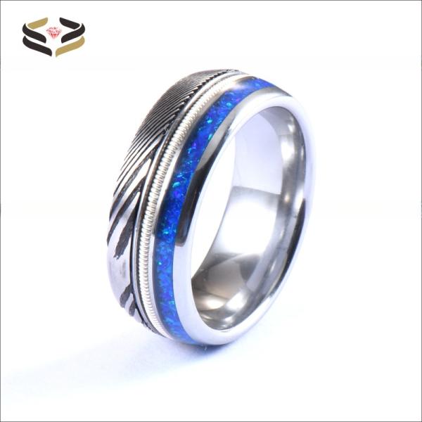 Chasse à l'homme Damas Anneaux de mariage en acier 8 mm Opal bleu Argent Guitare à cordes incrustée
