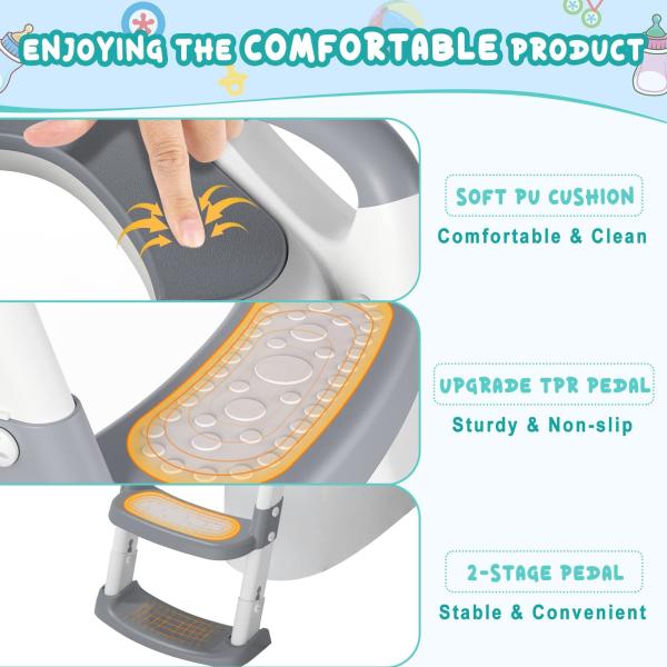 Grey + White 3 In 1 Potty Training Toilet Seat With Step Stool Ladder For 1-6 Year'S Old