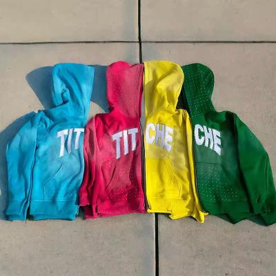 Men Streetwear Rhinestone Hoodie Cropped Mock Neck Vintage Distressed Zip Hoodie