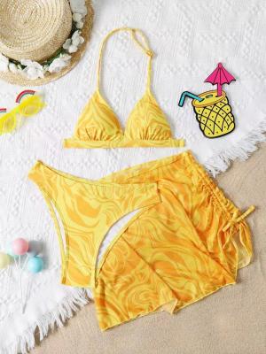 O biquini magro baraço do roupa de banho de três partes plissou o maiô de parte de três da saia