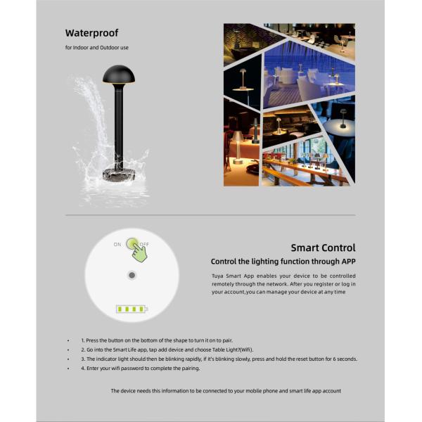 Wi-Fi Rechargeable Table Lamp Dimmable RGBW Night Light, Waterproof for Living Rooms, Bedrooms and Outdoor