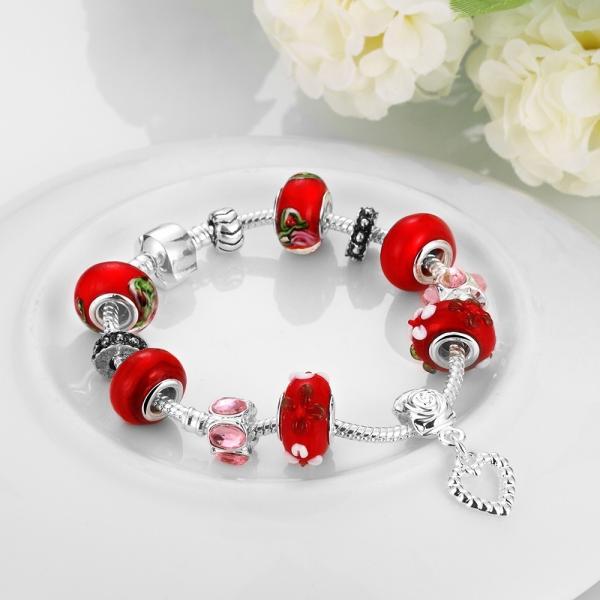 SJ Cute Vogue Heart Jewelry Glaze Bead Red Petal Ethnic Style Magnet Buckle Cubic Zirconia Women Charm Bead Bracelet for