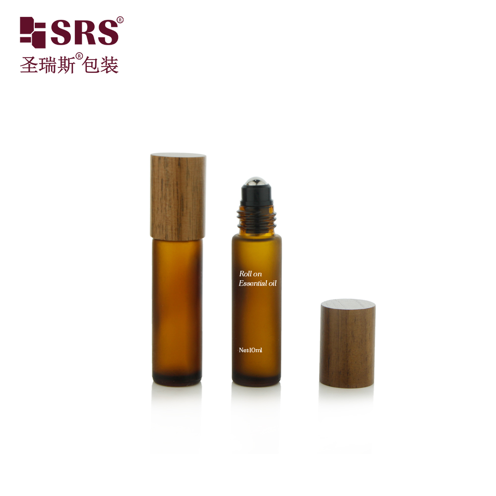 BLPM-10ML Amber Frosted Glass Roller Steel Ball Essential Oil Bottle With Wooden Cap