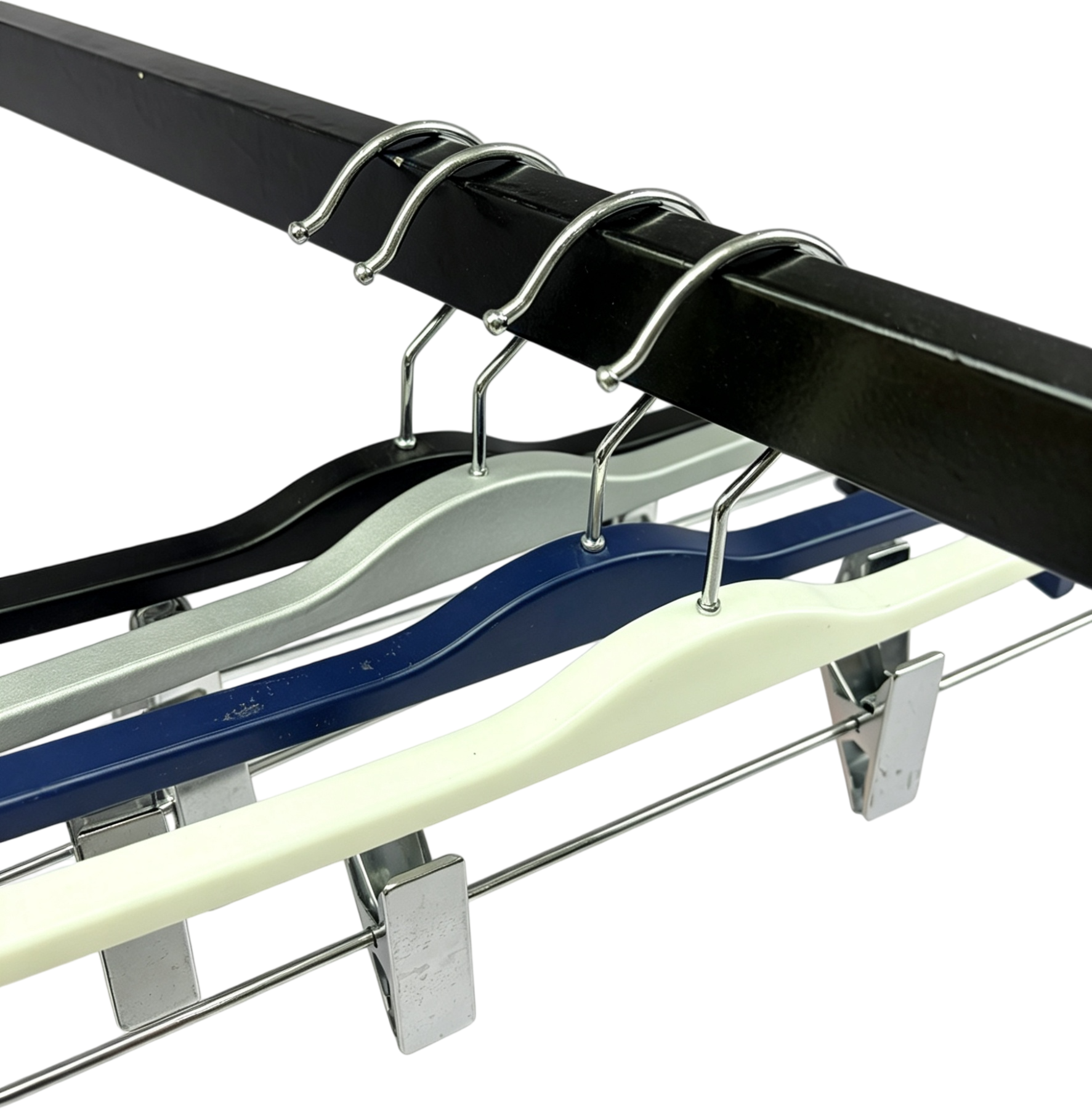 Hand-painted flat plastic trouser hanger with customizable hooks and clips and logo printing for clothing stores