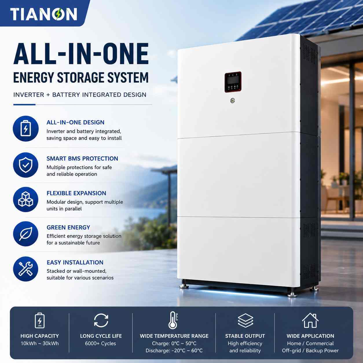 5.5KW Stackable Battery Energy Storage System 10kWh 20kWh 30kWh Solar Backup Power - Tianon