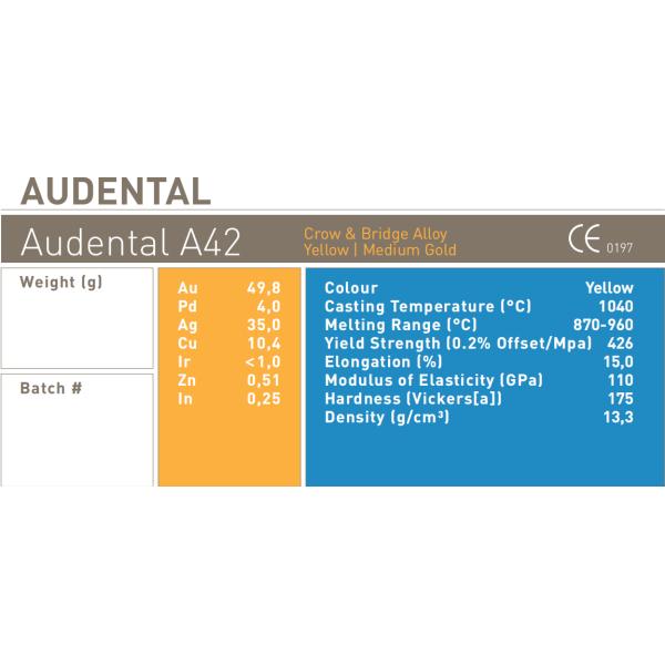 Audental A42 NOBLE ALLOY /Crown Bridge Alloy /Yellow/Au49.5% Professional Grade Dental Alloy for Crown and Bridge Applications