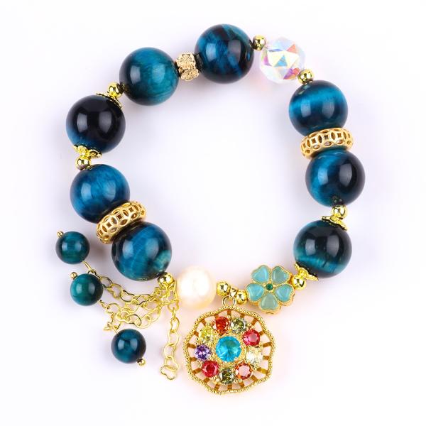 14MM Energy Healing Crystal Blue Tiger Eye Flower Spinner Charm Bead Bracelet For Daily Wear