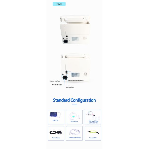 Moniteur patient multiparamétrique 12,1 pouces avec écran LCD TFT couleur haute résolution, analyse des arythmies et calcul ST