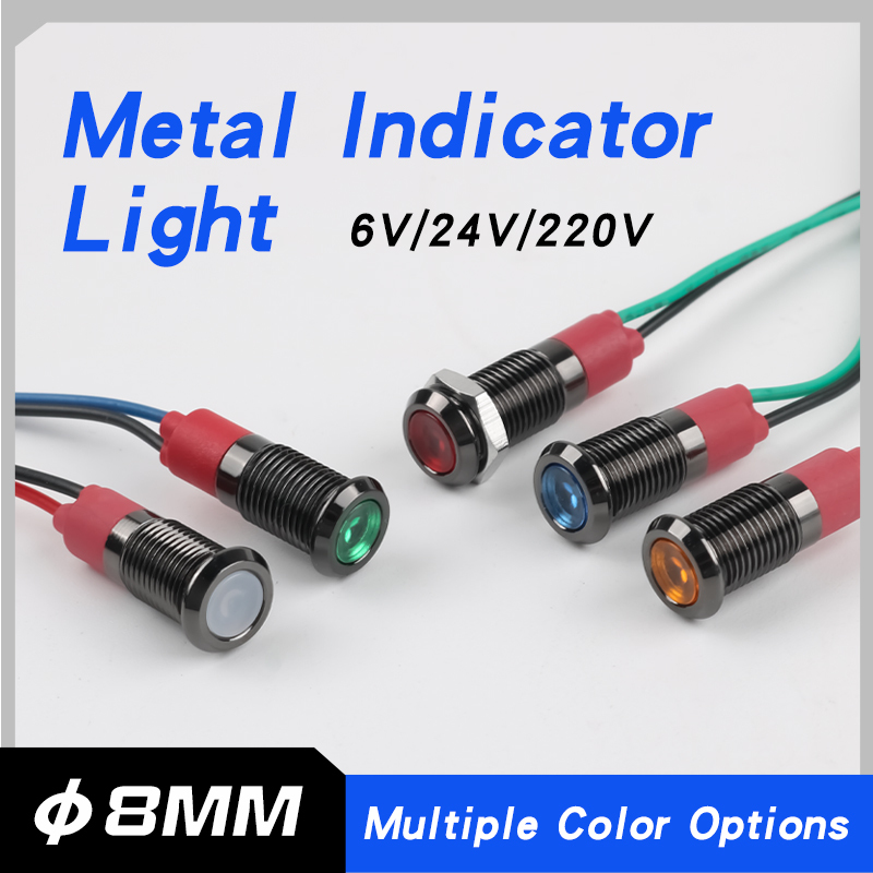 8MM Metal Indicator Light, LED Strip Light With Waterproof Function Oxidized Black Shell, Red Green Yellow Blue White 6V12V24V