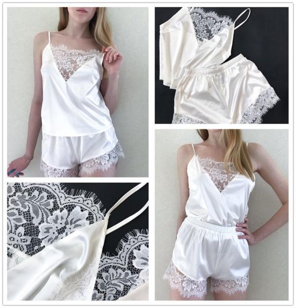 Sexy Black Lace Lingerie Bra Satin Sleepwear Cami Top And Shorts Pajama Set Leisure Wear Suit