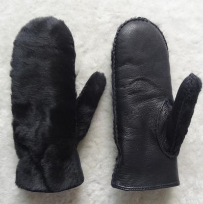 Sheep Skin Double Face Leather Mitten Gloves Black Color Grace Appearances
