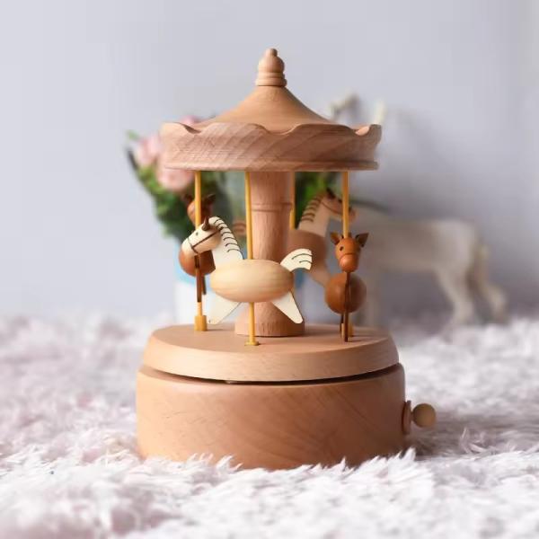 Hot Selling Wooden Carousel Music Box Christmas Birthday Gift for Kids Home Office Decorations with Mechanical Play Power