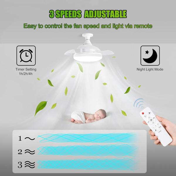 Luz de ventilador de techo LED con flujo luminoso de 3000LM, vida útil de 50000 horas y 3 velocidades de viento para dormitorio, sala de estar y cocina
